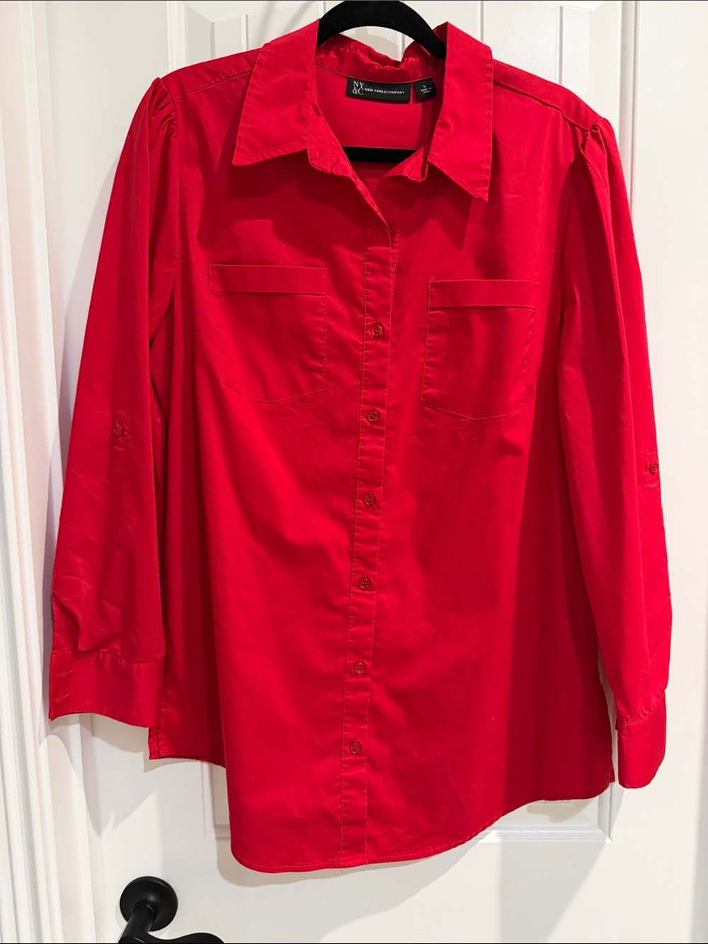 NY Collection Bright Red Button-Down Shirt with Chest Pockets